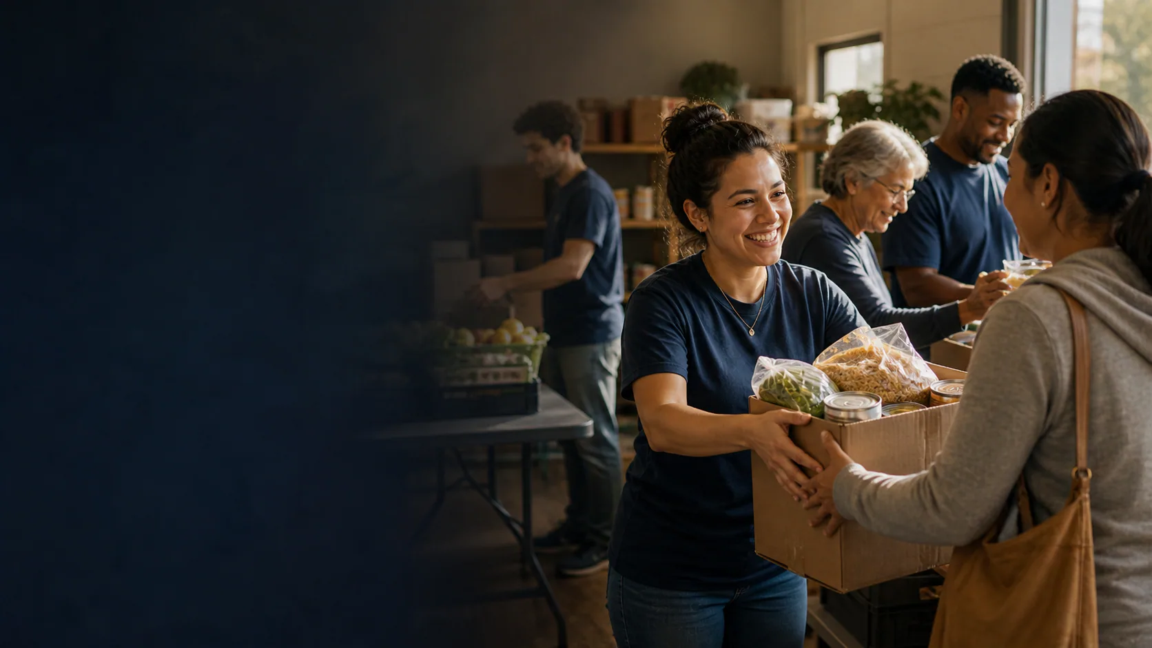 Volunteers serving a family together at a community food pantry.
